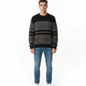 Croft and Barrow Mens Striped Crew Neck Sweater XL Acrylic Black Grey